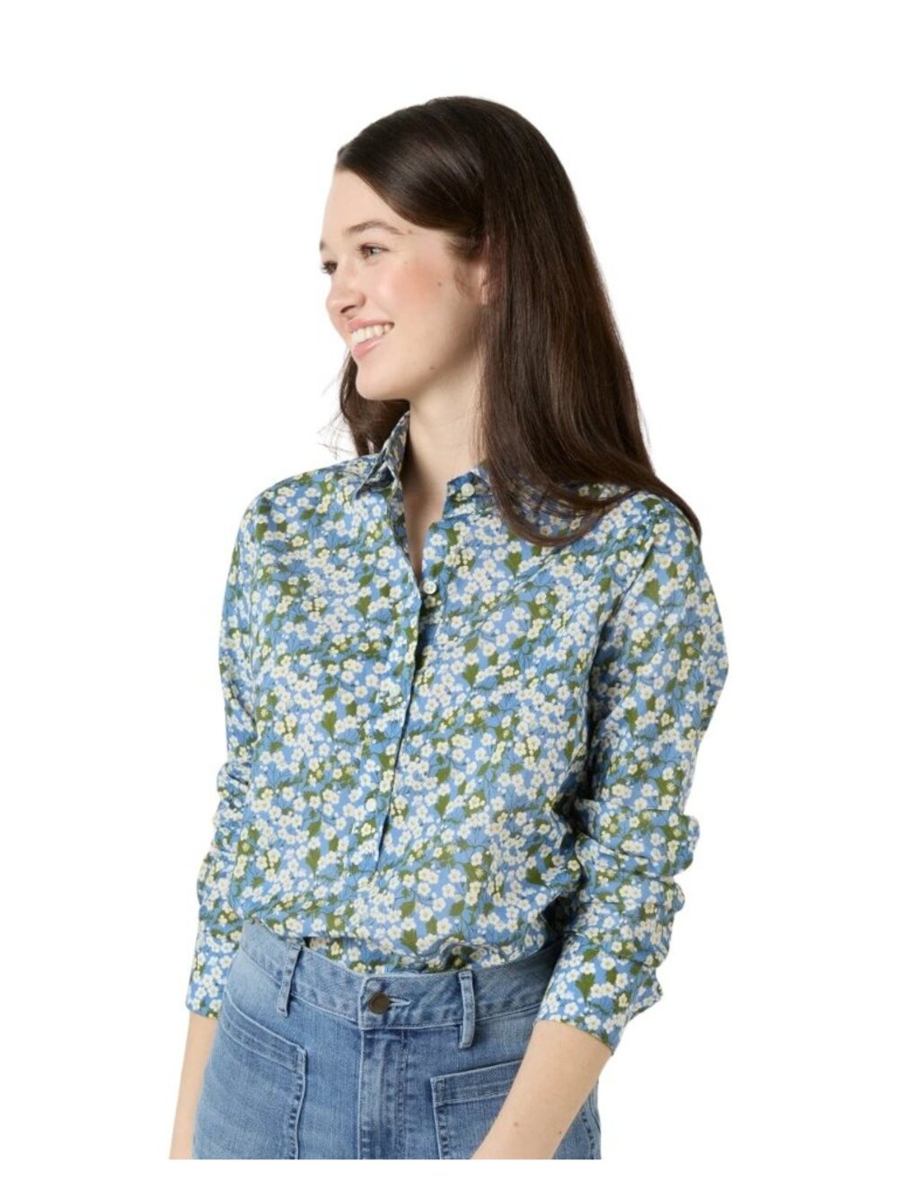 Ann Mashburn Shirt M Liberty London Floral Tomboy Popover Blue Mitsi Tana Lawn